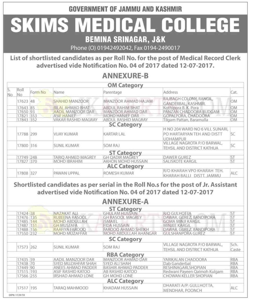 SKIMS Medical College Bemina Srinagar, List of shortlisted candidates of Medical Record Clerk 