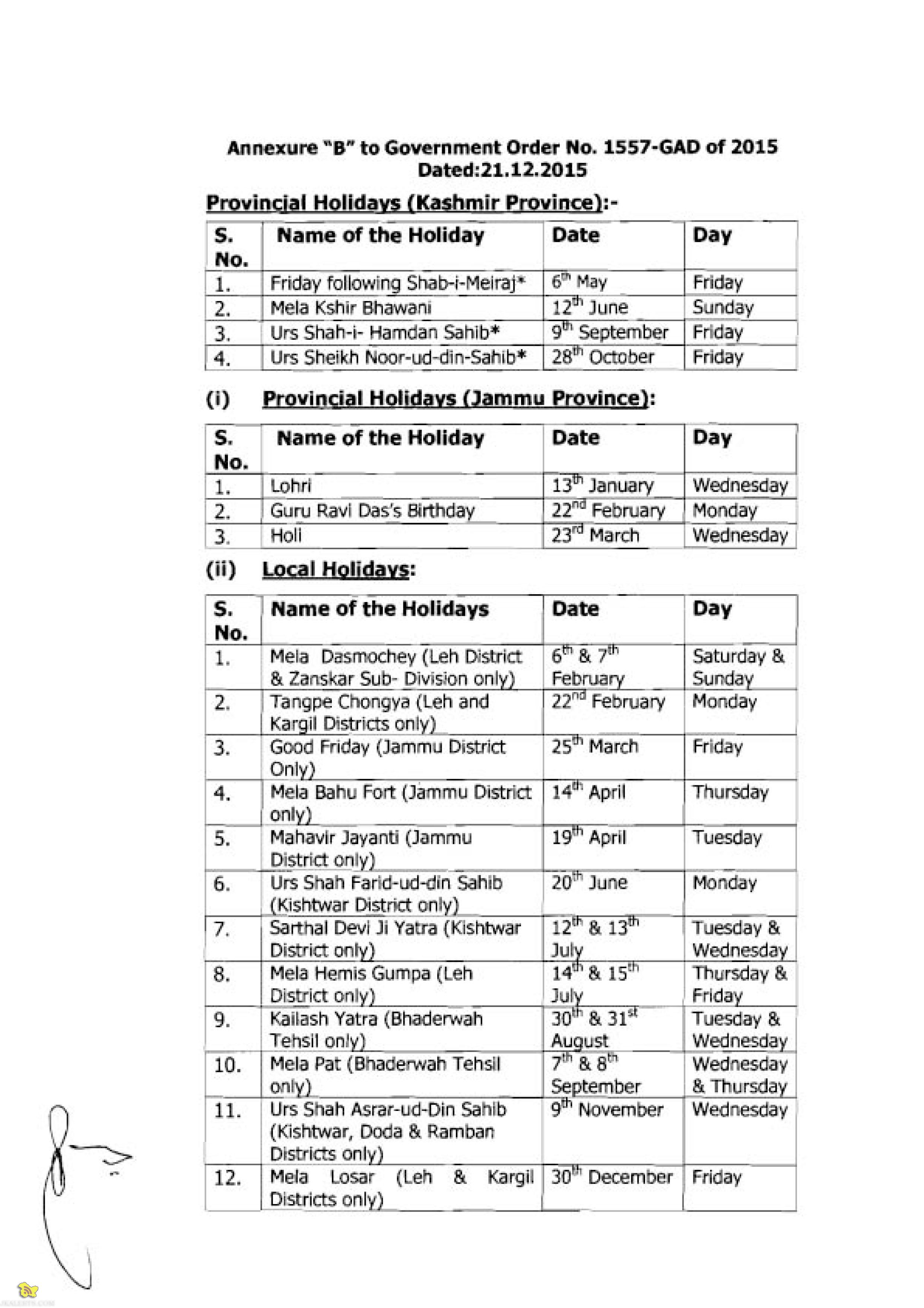 Jammu And Kashmir Government Holidays List 16 Jkalerts Jk Updates