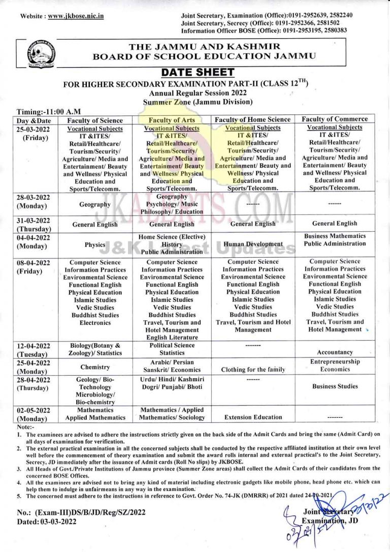 Jkbose Class Th Date Sheet Jammu Summer Zone Jkalerts