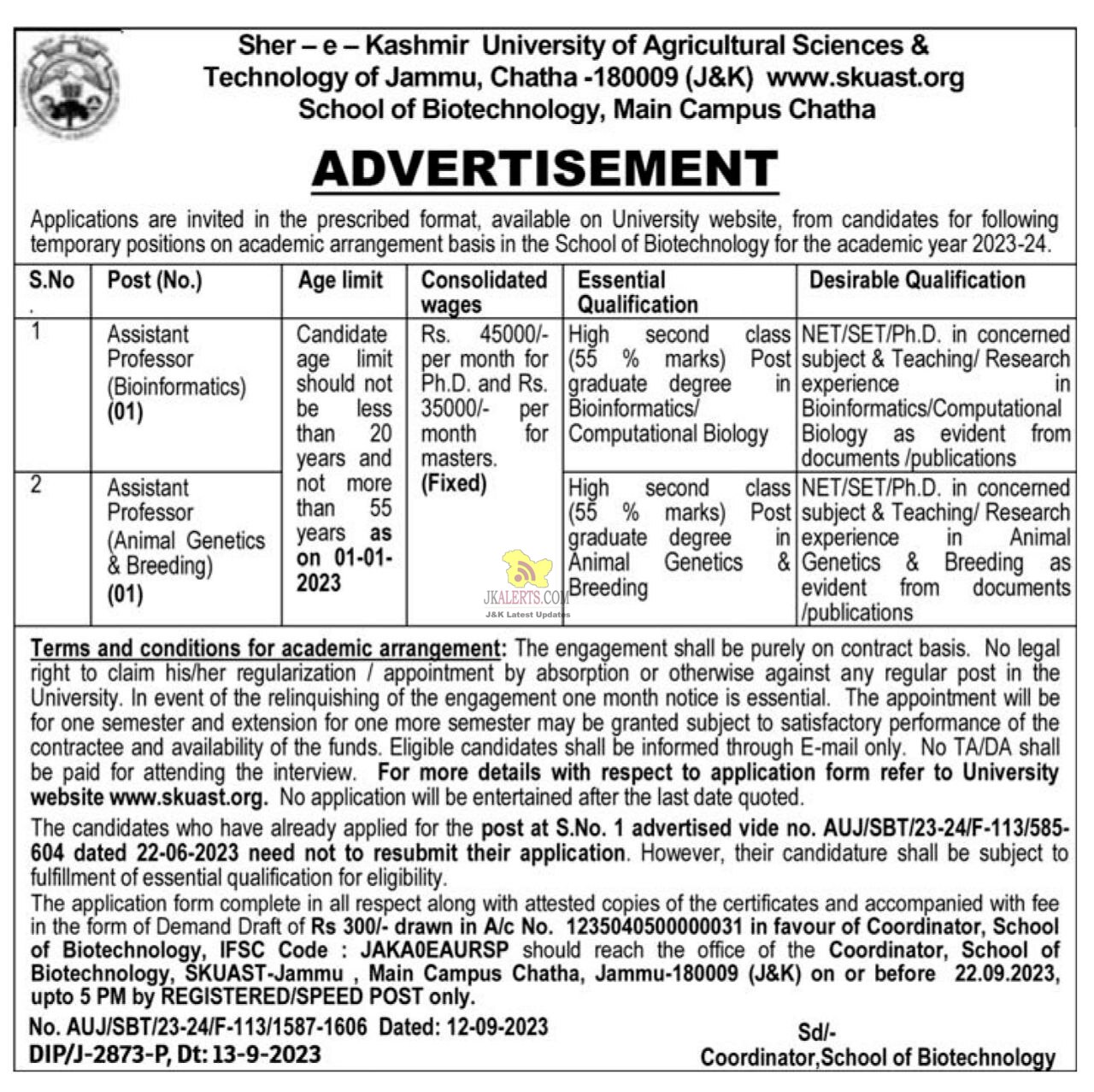 Skuast Jammu Jobs Jkalerts Jk Updates