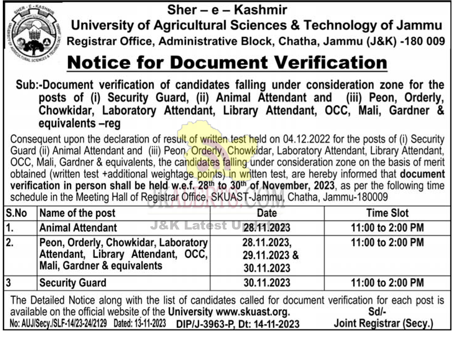 SKUAST Jammu DV Notice For Various Post JKAlerts JK