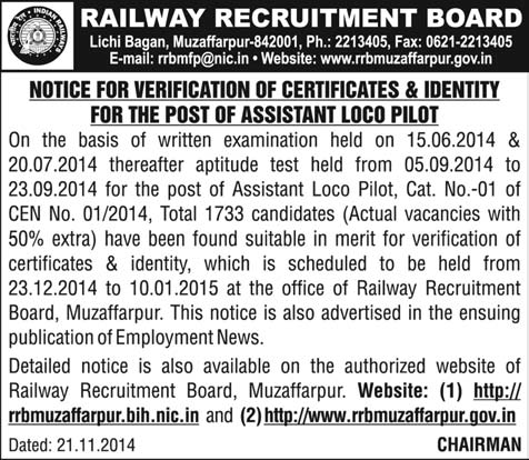 Railway Recuritment Verification of Certificate and identity for the post of loco pilot