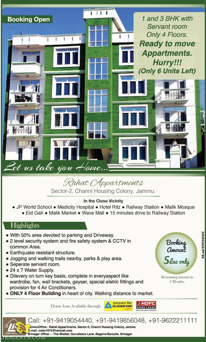 Rahat Appartments 1 and 3 BHK with Servant room Only 4 Floors. Ready to move Appartments. Hurry!!! (Only 6 Units Left)