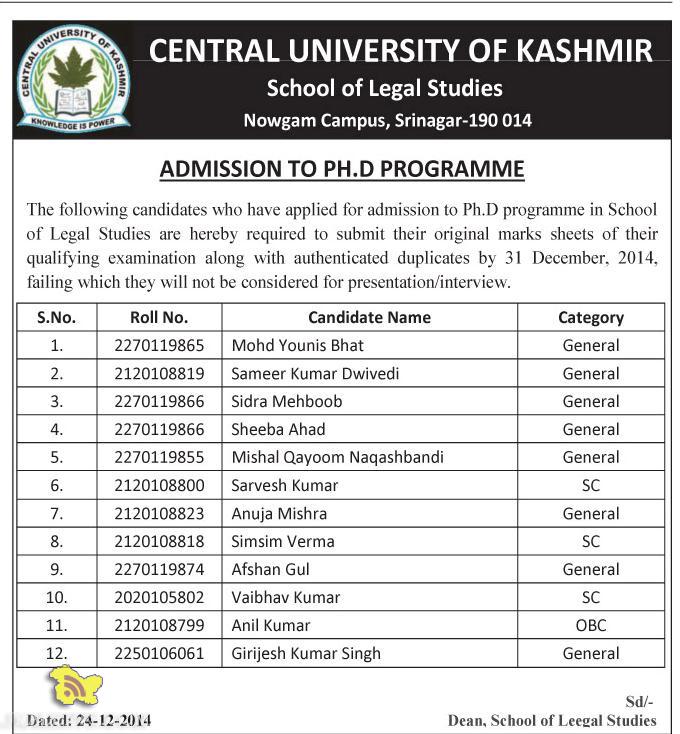 Central university of kashmir, Admission to PH.D programme