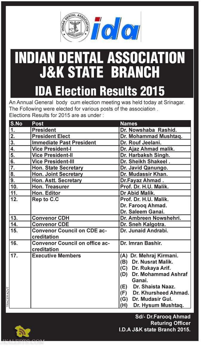 INDIAN DENTAL ASSOCIATION, J&K STATE BRANCH, IDA Election Results 2015