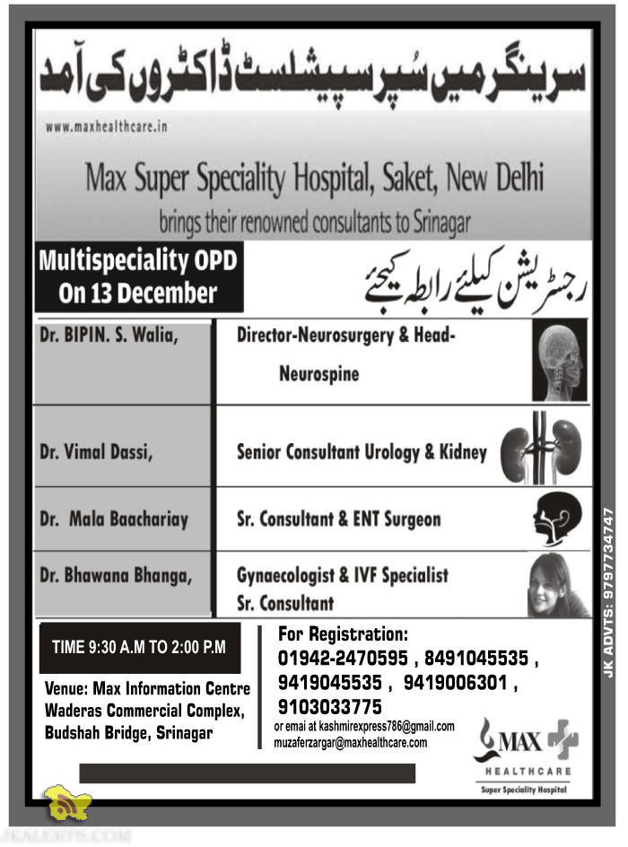 Max Super Speciality Hospital, Saket, New Delhi brings their renowned consultants to Srinagar