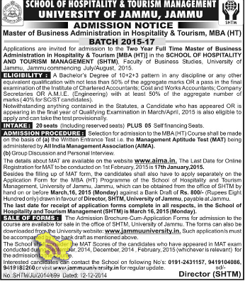 ADMISSION NOTICE Master of Business Administration in Hospitality & Tourism