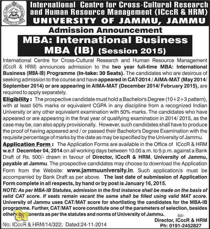 University of Jammu Admission Announcement
