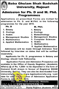 Admission for P.hd and M.Phil Programmes Baba Ghulam Shah Badashah University Rajouri