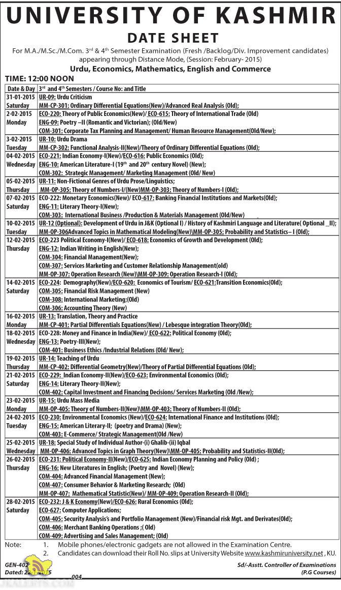 UNIVERSITY OF KASHMIR MA/MSc./MCom. 3rd & 4th Semester Examination Datesheet