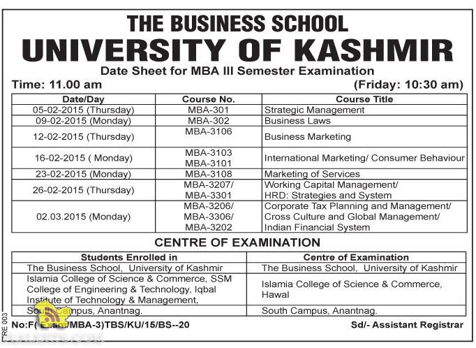 Date Sheet for MBA III UNIVERSITY OF KASHMIR