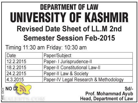 Revised Date Sheet of LL.M 2nd Semester University of kashmir