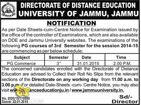 DDE PG COURSE Date Sheets - cum - Centre Notice for Examination