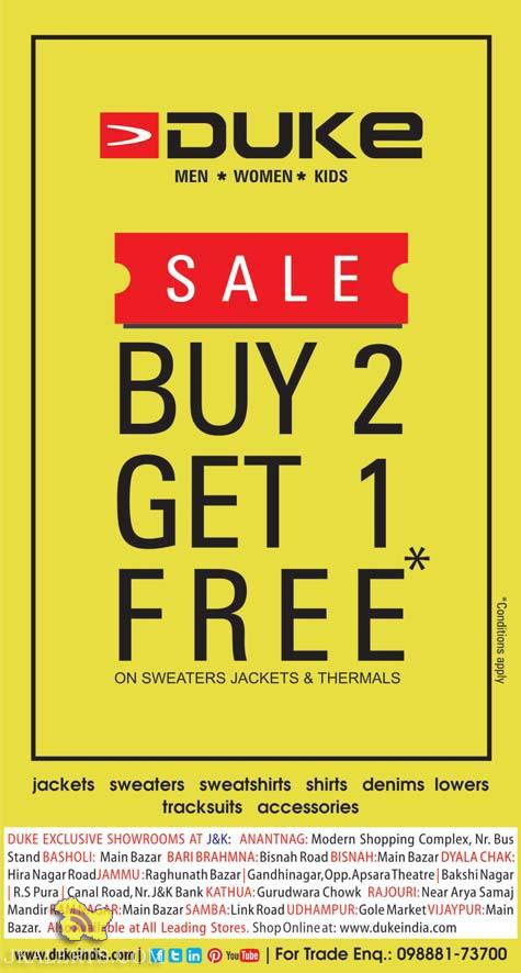 Duke sale Buy 2 Get 1 Free offer on Jackets, Sweaters and Thermals