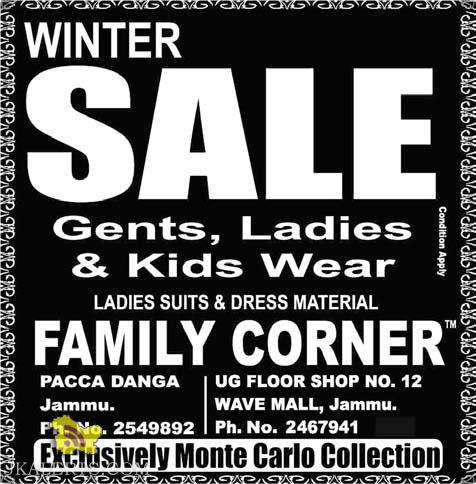 Winter sale in Family corner on Gents, Ladies & Kids Wear Ladies suits & Dress materials