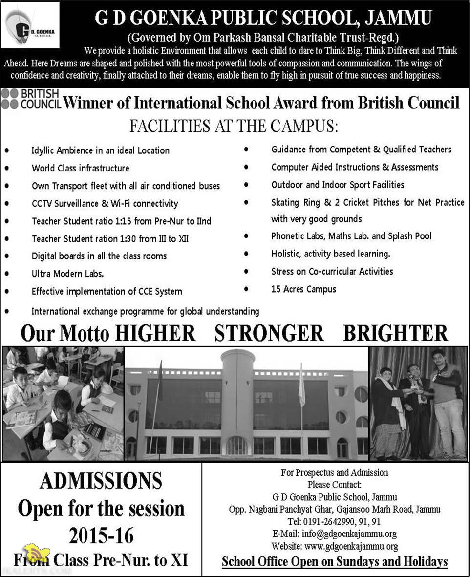 Admission open in G D Goenka Public School Jammu