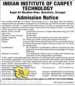 ADMISSION IN INDIAN INSTITUTE OF CARPET TECHNOLOGY SRINAGAR