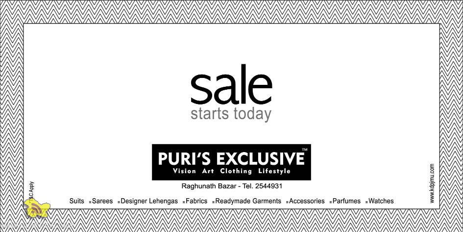 Sale on suits, sarees, designer Lehangas ,Readymade Garments, Fabrics, Accessories, Perfumes, Watches at Puri's Exculsive