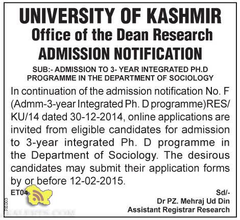 ADMISSION PH.D IN DEPARTMENT OF SOCIOLOGY