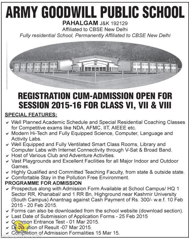 ARMY GOODWILL PUBLIC SCHOOL REGISTRATION CUM-ADMISSION OPEN 2015