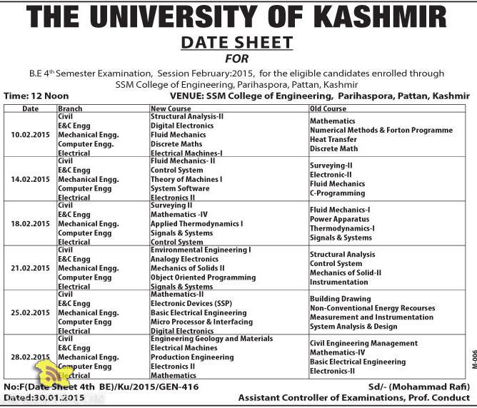 DATE SHEET FOR B.E 4th Semester Examination Kashmir university