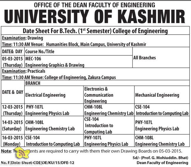 Date Sheet For B Tech. (1st Semester) College of Engineering Kashmir university