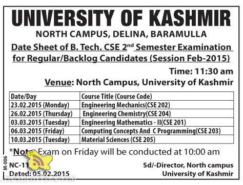 Date Sheet of B. Tech. CSE 2nd Semester University of kashmir