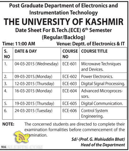 Date Sheet For B.Tech.(ECE) 6th Semester (Regular/Backlog) Kashmir University
