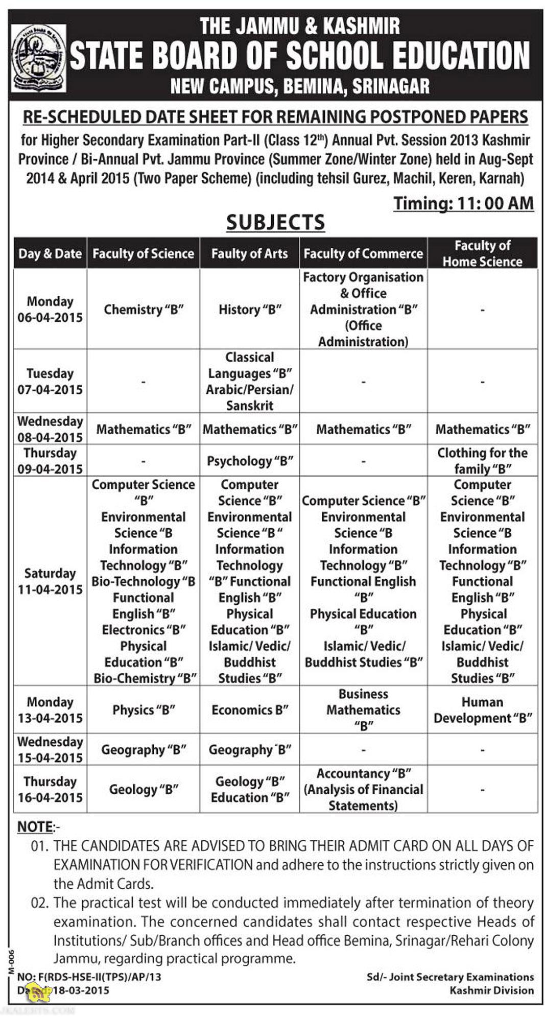RE-SCHEDULED DATE SHEET FOR REMAINING POSTPONED PAPERS OF CLASS 12th