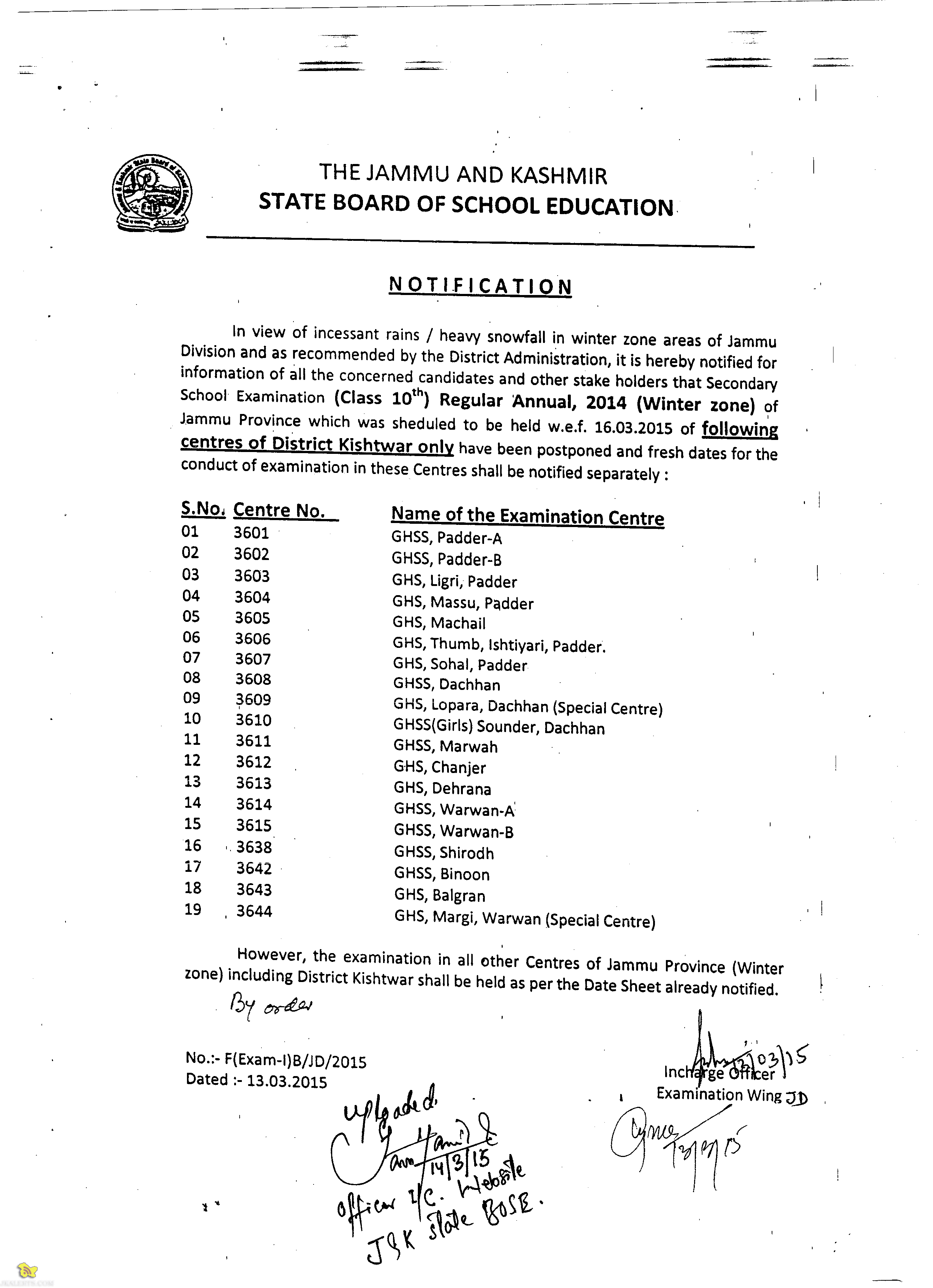 Class 10th Exams Postponed in Kistwar list of centres