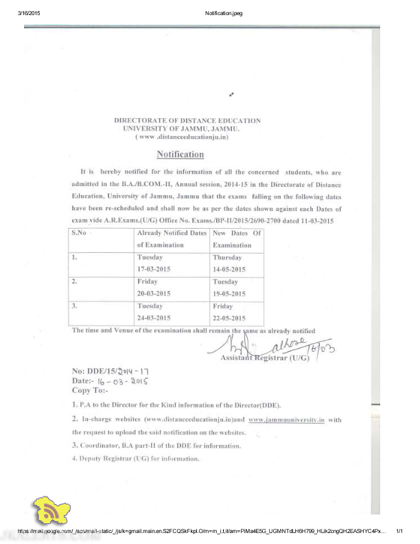 Reschedule of Datesheet of B.A /B.Com II Distance Education Jammu University