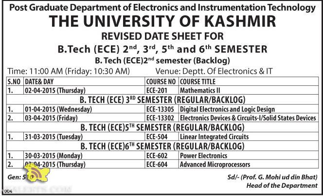 REVISED DATE SHEET FOR B.Tech (ECE) Kashmir university