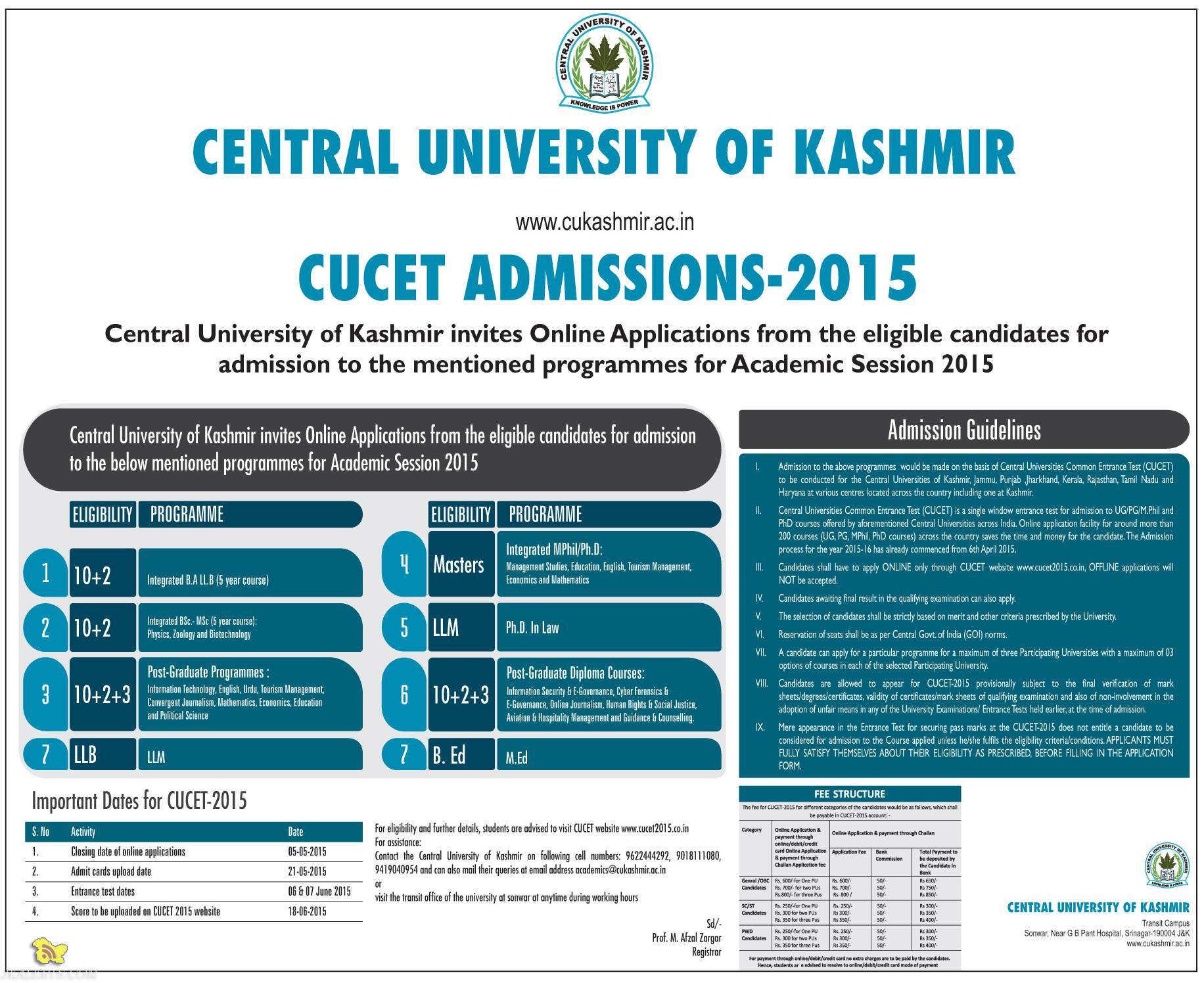 CENTRAL UNIVERSITY OF KASHMIR CUCET ADMISSIONS-2015