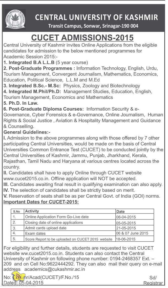 Admission open in Central University of kashmir, CUCET ADMISSIONS-2015
