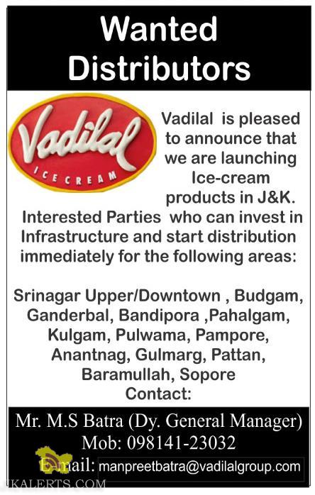 Vadilal Wanted Distributors in kashmir Division