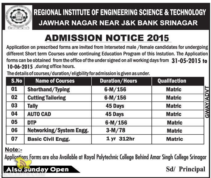 REGIONAL INSTITUTE OF ENGINEERING SCIENCE & TECHNOLOGY admission open 2015