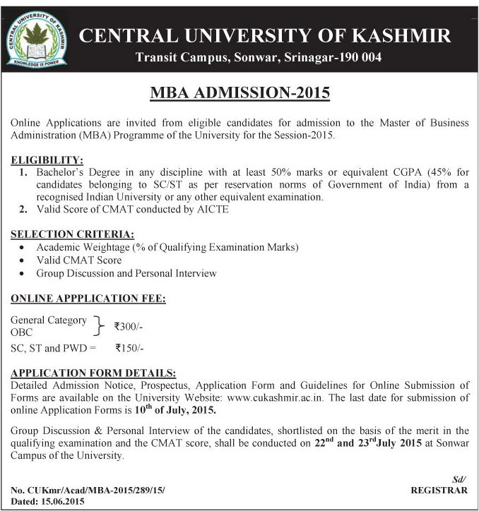MBA ADMISSION-2015, CENTRAL UNIVERSITY OF KASHMIR