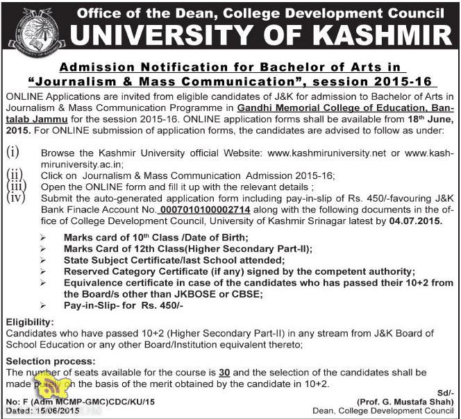 Admission open in Journalism & Mass Communication, University of kashmir