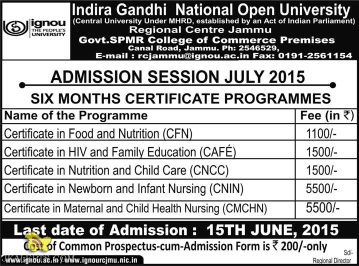 IGNOU ADMISSION IN CERTIFICATE PROGRAMMES 2015