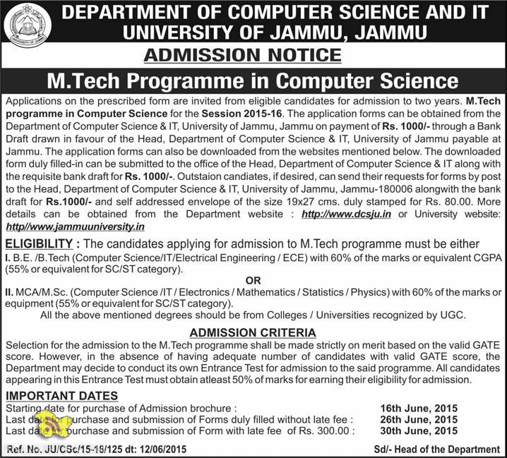 ADMISSION OPEN in M.Tech in Computer Science Jammu University