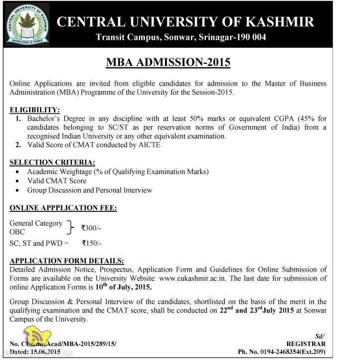 CENTRAL UNIVERSITY OF KASHMIR MBA ADMISSION-2015