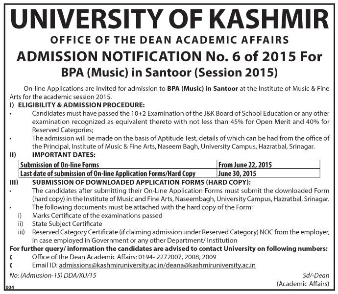 admission in university of kashmir