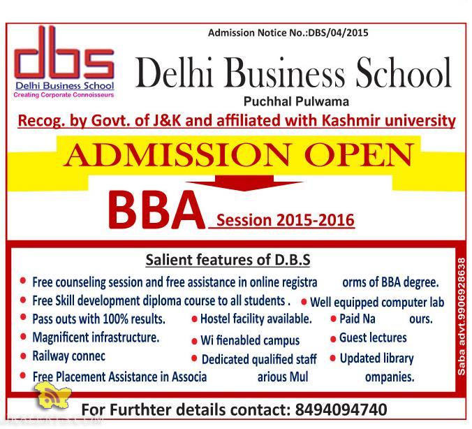 ADMISSION OPEN IN BBA 2015, Delhi Business School Pulwama