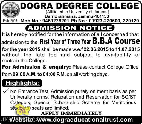 Admission open in Dogra Degree College ,B.B.A under Jammu university