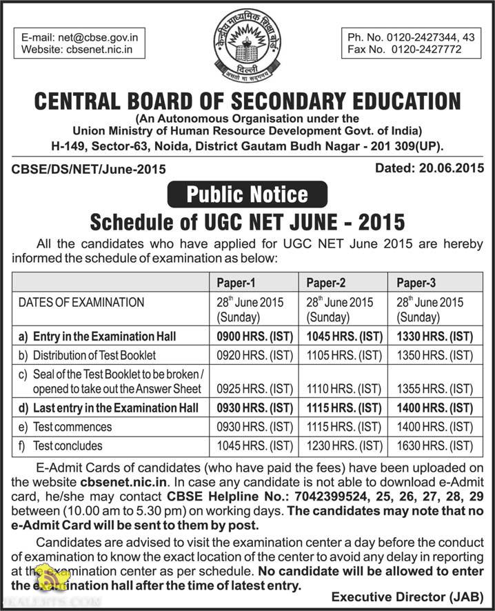 Schedule of UGC NET JUNE - 2015
