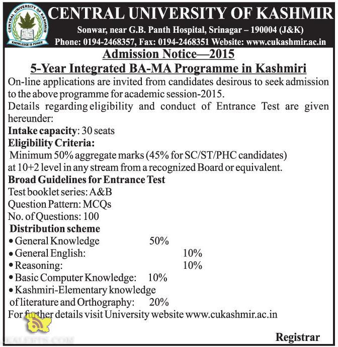 Admission open in 5-Year Integrated BA-MA Programme in Kashmiri in CUK