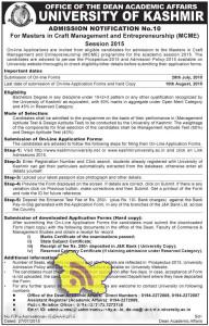 ADMISSION OPEN IN KU 2015, Craft Management and Entrepreneurship (MCME) Admission open in MCME 2015 Kashmir UNiversity, admission in kashmir university