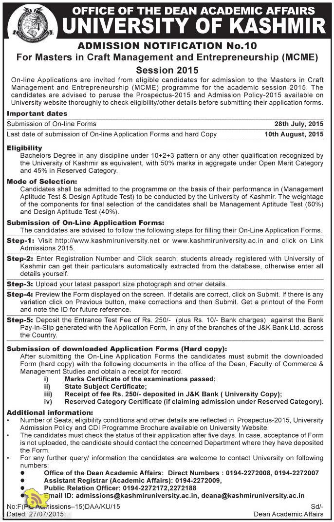 ADMISSION OPEN IN KU 2015, Craft Management and Entrepreneurship (MCME) Admission open in MCME 2015 Kashmir UNiversity, admission in kashmir university