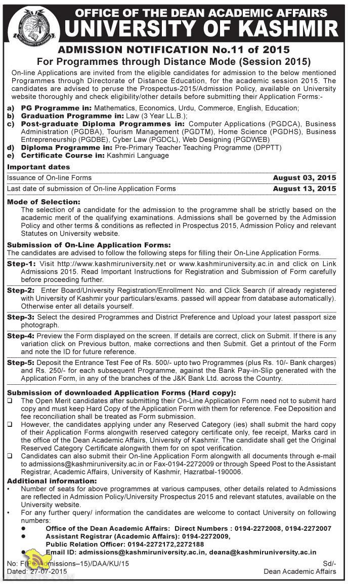 UNIVERSITY OF KASHMIR ADMISSION OPEN IN DISTANCE MODE