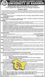 Kashmir University Admission open in Leh and Kargil Campuses, Admission open in leh Ladakh J&K.